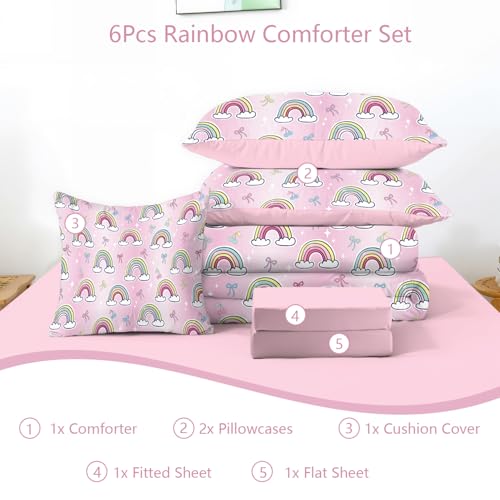 Image of 6 Pieces Girls Rainbow Bedding Set - Tie Dye Pink Bow Comforter Set for Kids Teens - Colorful Bow Knots Bed in A Bag Sheets Set (Rainbow Bowknot, Twin)