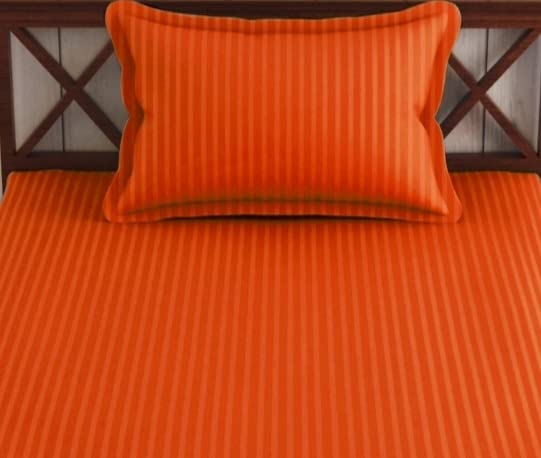 Image of Trance Home Linen 100% Cotton 75x36 inch Single Fitted 200TC Satin Stripe Elastic Fitted Bedsheet | Single Bed Size Daily use Fitted Bedspread with 1 Pillow Covers (75 inchx36 inch | 6.25x3 feet,Orange)