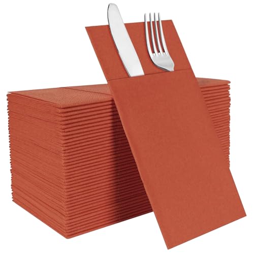 Terracotta Disposable Napkins with Built-in Flatware Pocket Linen Feel Prefolded Dinner Napkins for Weddings Parties Thanksgiving Evening Events 50 Pack