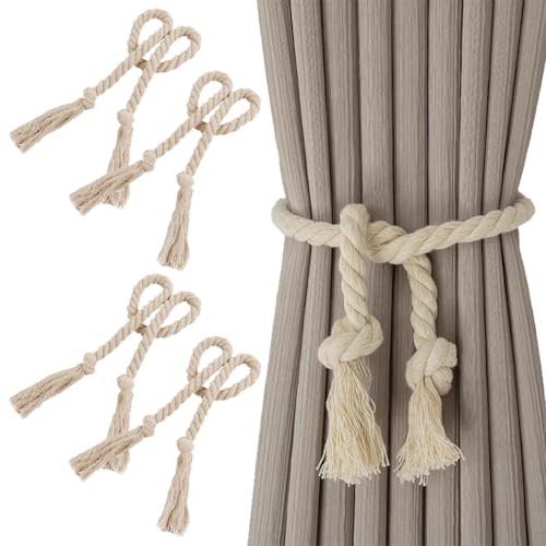 4 Piezas Beige Abrazaderas Cortinas, Tejido a Mano Cortinas Atadas Cuerda 100 cm, Alzapaños de Algodón Tejido a Mano, Tiebacks de Cortina para la Decoración de la Cortina de la Oficina Casera