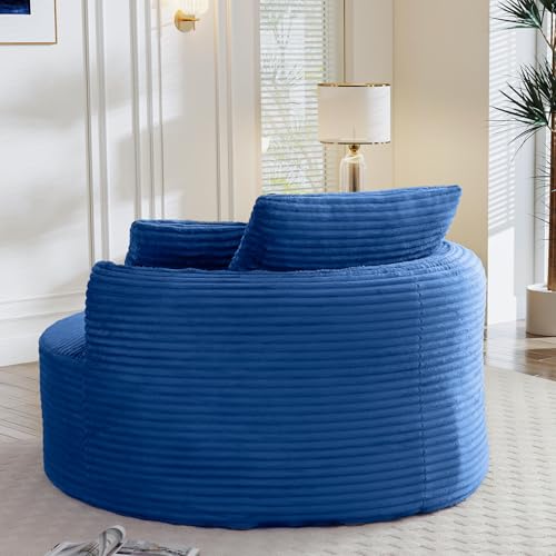 Image of Antetek 53.5-inch Round Chair, Modern Accent Corduroy Comfy Deep Seat Boneless Foam Floor Single Circle Chaise Sofa Chair with 3 Pillows for Living Room Bedroom Office, No Assembly Required, Blue