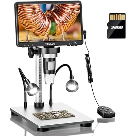 TOMLOV DM9 7" LCD Digital Microscope 1200X, 1080P Coin Microscope Magnifier, 12MP Ultra-Precise Focusing Soldering Microscope for Adult, PC View, 32GB Cover