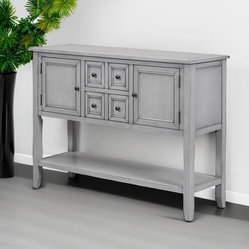 Miniatura 5 de Merax Mesa consola con cajones de almacenamiento, armario de almacenamiento rústico para sala de estar, gris antiguo