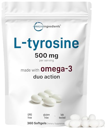 L Tyrosine Supplement 500mg with Omega-3 360 Softgels | Duo Action Amino Acids + Omega from Flaxseed Oil 1 000mg with ALA | Heart and Mood Support | Brain Supplements for Memory and Focus | Non-GMO