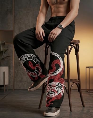 Image of Men's Black Wide Leg Trousers with Snake Print, Elastic Waist, Casual Style