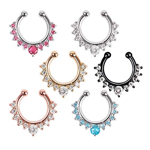 Xukekoy 6Pcs Fake Septum Clicker Nose Ring Rhinestone Non Piercing Hanger Clip Body Jewelry #TOP4