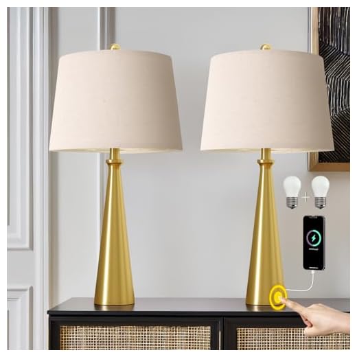 Oneach - Juego de 2 lámparas de mesa USB de 25.8 pulgadas regulables de 3 vías con control táctil moderno para sala de estar, cama, mesita de noche, lámparas de tela, visualización de tela clásico, color dorado y latón antiguo