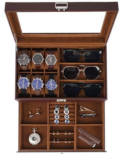 Jenseits Watch Organizer & Jewelry Box for Men – 6 Watch Slots, 3 Sunglass Slots, Drawer for Rings, Bracelets & Cufflinks, 2-Layer Leather Watch Display Case w/Glass Lid, Gift for Men & Women, Brown