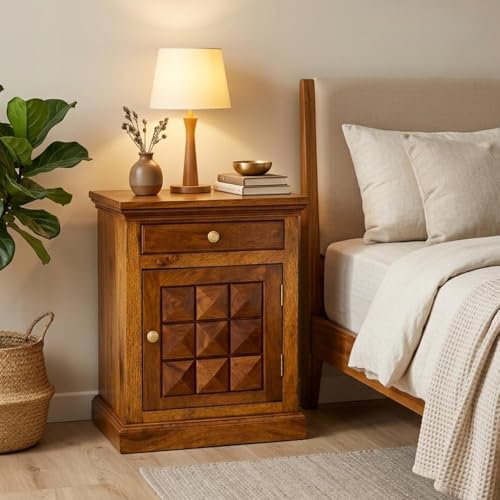 Image of Solid Sheesham Wood Stupa Bedside Table with Drawer and Door Storage for Bedroom Furniture | Wooden Bedside End Tables | Nightstand Side Table for Living Room Home and Hotels (Honey Finish)