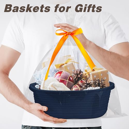 Image of Pro Goleem Small Woven Basket with Gift Bags and Ribbons Durable Baskets for Gifts Empty Small Rope Basket for Storage 12 inchX 8 inch X 5 inch Baby Toy Baskets with Handles, Navy Blue