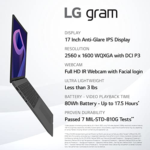 Image of LG gram (2022) 17Z90Q Ultra Lightweight Laptop, 17 inch (2560 x 1600) IPS Display, Intel Evo 12th Gen i7 1260P Processor, 32GB LPDDR5, 2TB NVMe SSD, FHD Webcam, WiFi 6E, Thunderbolt 4, Windows 11, Gray