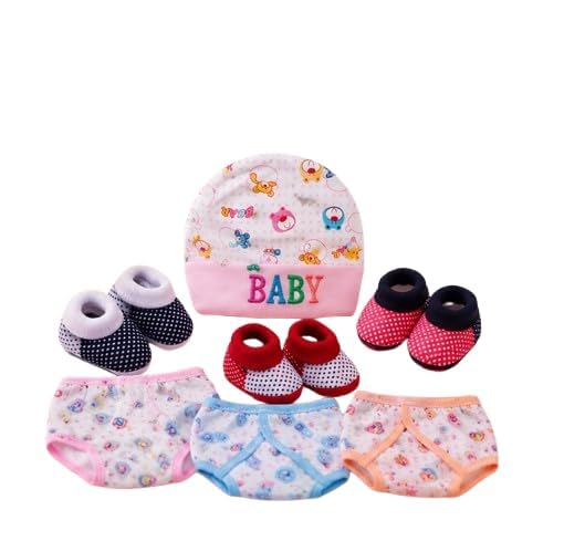 Newborn Baby Gift Combo Set (Pack of 7) – 1 Printed Cap, 3 Pairs of Soft Cotton Booties, and 3 Multicolor Reusable Nappy/Drappie Set for Infants (0-6 Months, Unisex)-image-28