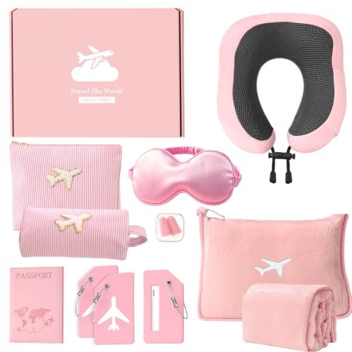 Rainhonor Travel Gifts for Women,Long Flight Essentials,Traveling Essentials for Women,International Travel Items Inclue Blanket with Bag,Neck Pillow,Makeup Storage Bag,Etc