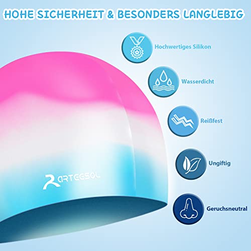 Badekappe für Kinder, Jungen und Mädchen im Alter von 5-12 Jahren, Bequeme Passform für langes und kurzes Haar,Pink & Blue,S – Ansicht 2