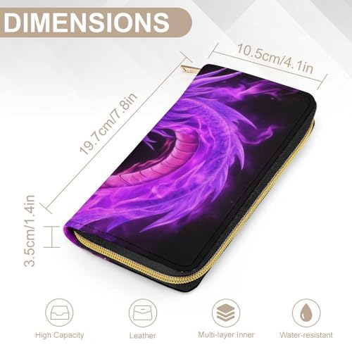 Girl's Long PU Wallet, Travel Purse Fashion Design, Huge Storage Capacity Purse, Cute Decor Zipper Wallet Purple Fire Dragon2