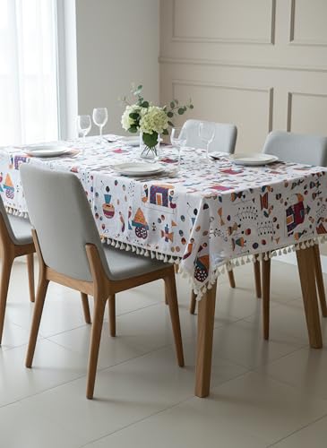 Image of LORETO - A QUALITY LINEN BRAND 100% Pure Cotton Rectangular Table Cover with Tassels (48x72 Inch) - Tablecloth for 6 Seater Dining Table, Multicolor Tribal Motifs on Crisp White