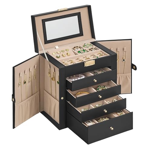 SONGMICS 5-Layer Jewelry Box Organizer with 4 Drawers, Jewelry Storage Case with Lock and Mirror, Large Storage Capacity, Gift for Loved Ones, for Necklaces, Watches, Ink Black UJBC153BZ01S