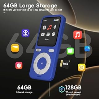 64GB MP3 Player with Bluetooth,Bluetooth Portable HiFi Lossless Sound MP3 Player with Speaker,Voice Recorder,Shuffle for Kids,Hiking,Running,Micro SD Card up to 128GB(Earbuds Included)