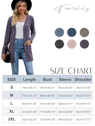 Famulily Damen Open Front Lange Strickjacken mit Taschen für Frauen Cosy Lose Open Front Pullover Mantel (L, Lila)