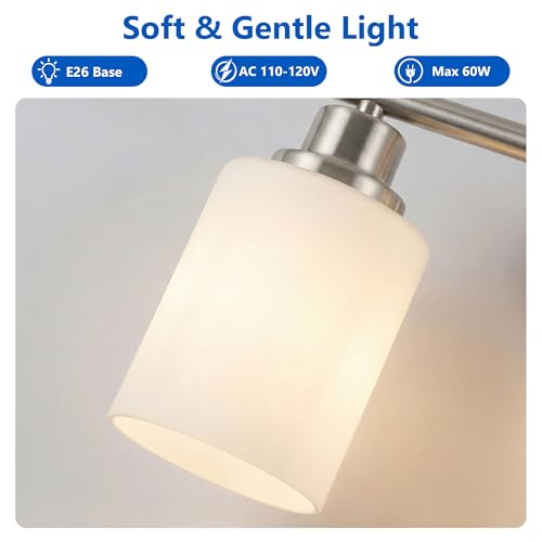 Image of Unicozin 3 Light Bathroom Light Fixtures, Modern Vanity Lights with Milky Glass Shade, Brushed Nickel Wall Lamp Over Mirror for Bathroom, Living Room, Cabinet, Bedroom, E26 Base