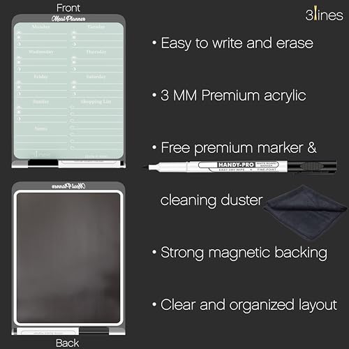 Image of 3 Lines ClearBite Acrylic Magnetic Meal Planner Board | Sleek & Durable | Includes Marker & Duster | 24x16 CM | Perfect for Meal Planning, Shopping Lists, Notes | Ideal for Home, Office | Cardamom