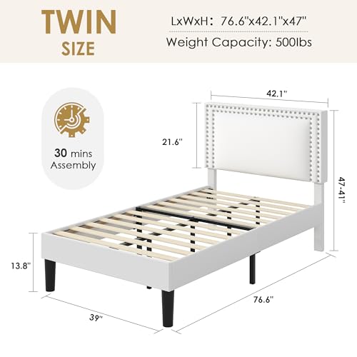 Image of VECELO Twin Size Platform Bed Frame with Height Adjustable Upholstered Headboard, Modern Mattress Foundation,Strong Wood Slat Support, No Box Spring Needed, Easy Assembly,White