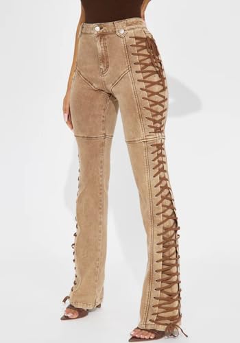 Women Straight Leg Jeans Casual Y2k High Waisted Lace UP Split Hem Jeans Slim Fit Trendy Denim Pants3