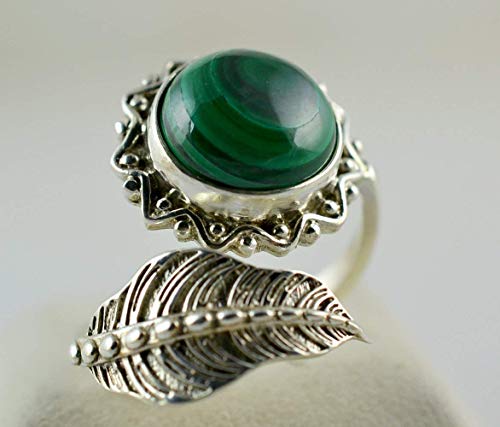 Navya Craft Malachite Round 925 Sterling Silver Handmade Statement Women Adjustable Leaf Ring, Green Gemstone Ring For Christmas Anniversary Birthday Valentine Day Gift Wife Her Mother #TOP5