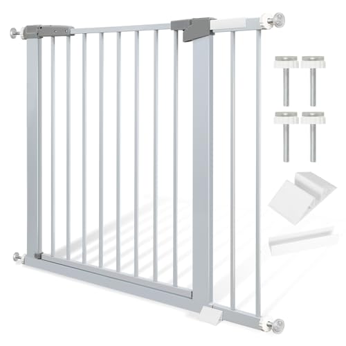 Jopassy Barrière de Sécurité Extensible 89-96 cm, Barrière d'Escalier à Fixation par Pression,sans perçage, Fermeture Automatique, Ouverture bidirectionnelle à 180°-Blanc métallisé