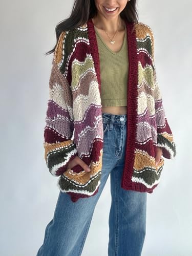 CHARTOU Women Color Block Stripes Sweater Cardigan Fall Oversized Open Front Long Sleeve Knit Outwear Coat2