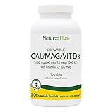 NaturesPlus Cal/Mag/VIT D3 with Vitamin K2-60 Chewable Tablets - Chocolate Flavor - Calcium, Magnesium, Vitamin D3 & K2 Bone Health Support Supplement - 30 Servings