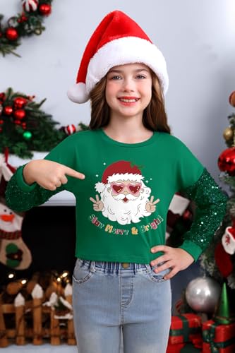 Image of BesserBay Girls Christmas Sequin Shirt Patchwork Long Sleeve Crop Tops 6-14 Years