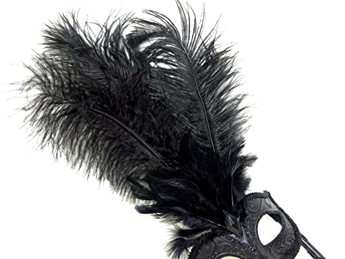 LADIES MIDNIGHT BLACK VENETIAN MASQUERADE HALLOWEEN CARNIVAL PARTY EYE BALL LONG FEATHER MASK ON A STICK, 8cm Deep exc Flower & Stick - Image 4