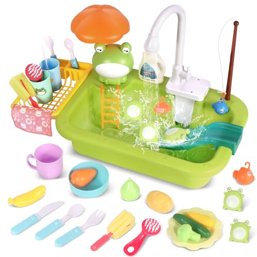 Play Sink with Running Water, Kitchen Sink Toy with Functional Faucet, Play Food and Kitchen Accessories, Floating Fishing Water Toy for Toddler, Pretend Play Dishwasher for Kids