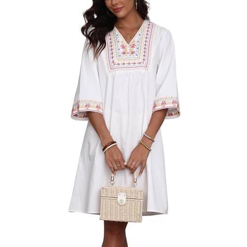 Image of Higustar Summer Womens White Cotton Mini Dresses Boho Embroidered Mexican Styel Bohemian Tunic Babydoll Dress for Women