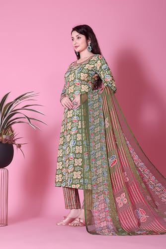 Tadkee Women's Cotton Blend Kurta Set (Fn-Kurta-Set-Dupatta-136-Olive-L_Olive