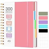 MOFELON A5 Notebook, Notepad, A5 Notebook with Dividers, 300 Pages 100GSM Thick Wirebound Spiral Notebooks for Writing, PVC Hardcover Note Book for Work Office School, 21.5 x 15.8cm,Pink