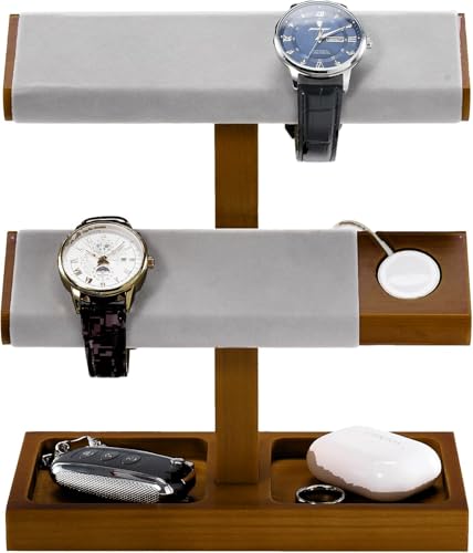 ProCase 男性用木製腕時計ディスプレイスタンドホルダー、Tバーデザインの腕時計タワー、吊り下げ式腕時計ラック、木製腕時計ツリー