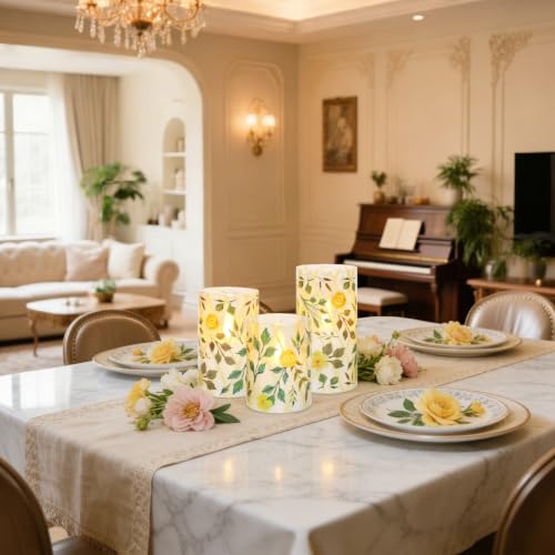 Image of Flameless LED Candles with Remote Control and Timer, Yellow Flower Green Grass Design, Glass Pillar Candles, Set of 3