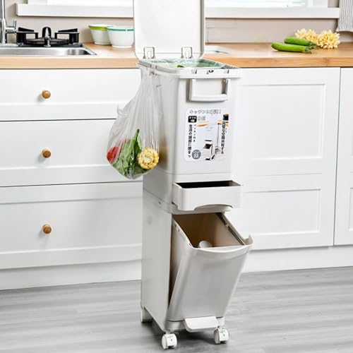 Thrink Dry and Wet Separation Trash Can, Vertical Waste Separation System with Wheels, Rubbish Trash Garbage Can, Kitchen Recycling Pedal Bin Waste with Large Recycle Compartments (32L) - Image 7