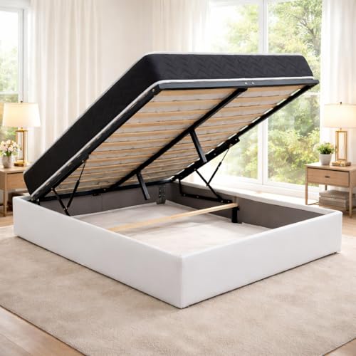 King of Dreams Ensemble Lit Coffre et Matelas 120x190 cm - Couleur : Blanc - Sommier Relevable avec Vérins Hydrauliques - Matelas Latex Accueil Moelleux...