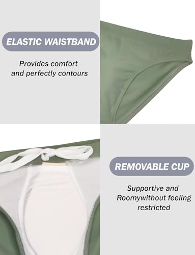 FEOYA Low Rise Swim Briefs for Men Sexy Hot Body Solid Swimsuits Quick Dry Bikini Swimwear Elastic Waistband Surfing Bathing Suit with Adjustable Drawstring Army Green