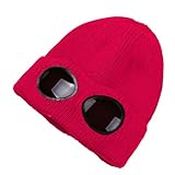 MansWill Winter Knitted Beanie Hat with Goggles, Warm Unisex Stylish Skull Cap for Outdoor Sports Red