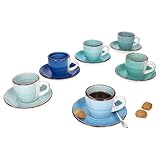 MamboCat 6er Set Blue Espressotassen mit Untertassen | 80 ml | kleine Mokka-Tassen + Untertasse aus Steingut für 6 Personen mit verschiedenen Blautönen & Strudel-Dekor