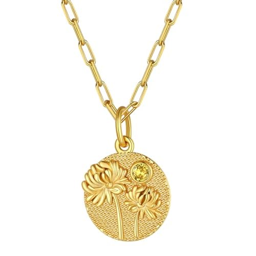 FindChic Birth Flower Necklace with Birthstone 18K Yellow Gold/Platinum/Rose Gold Plated Floral Embossed Pendant Paperclip Chain Dainty Medal Jewelry for Mom Grandma, with Gift Box Gold Plat