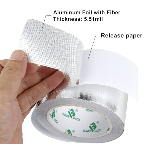 Image of BOMEI PACK Adhesive Aluminum Foil Heat Shield Tape 2 Pack 1.5inch x 66ft Barrier Fiberglass Thermal Insulation Reflective Material High Temp Protectionn