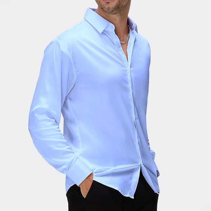 Image of CB-COLEBROOK Mens Stylish Solid Silk Satin Casual Dress Shirts for Men Shiny Long Sleeve Button Down Shirt Party Prom Wedding Shirt for Mens