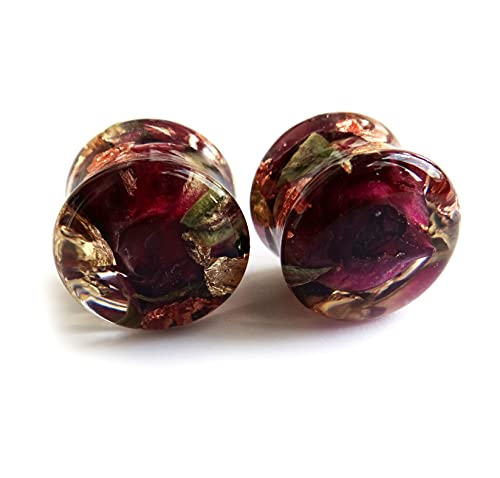 Eternity31 Red Rose Plug Gold foil Gauge Wedding Plug Bridal Resin Flower Jewelry Terrarium 00g/ 10mm / 3/8" / Pair