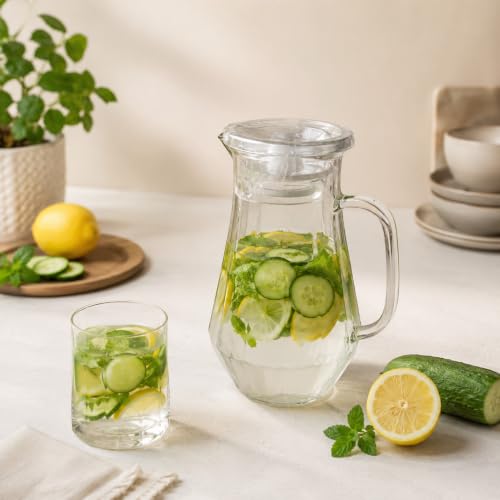 Image of Bellemax 1600ML Premium Glass Water Jug, Transparent, Hot Cold Water Pitcher with Lid Water Jug, Iced Tea, Milk and Juice Beverage Carafe, Lemon Jug, (Pack of 1)