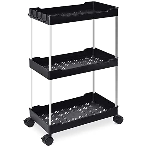 Storage Trolley Slide Out Rolling - 3 Tier Utility Rolling Cart Storage Rack on Wheels Multi-purpose Organizer Shelf for Kitchen Bedroom Bathroom Laundry Room Office, Black 40x22x61cm Cover